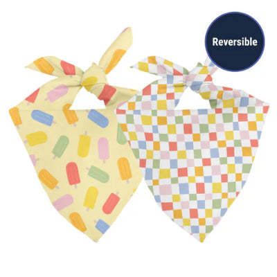 Two reversible bandanas with colorful designs on a white background