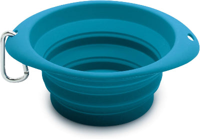 Teal silicone pet travel bowl with carabiner on a white background