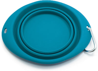 Teal silicone pet travel bowl with a carabiner on a white background
