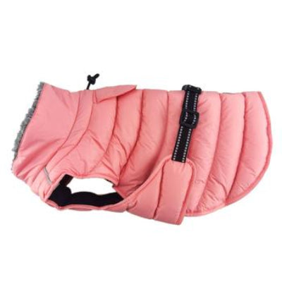 Pink puffer dog coat on a white background