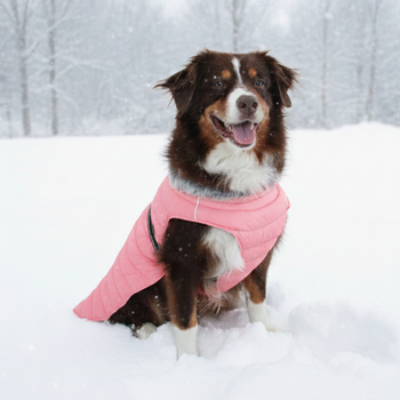 Dog wearing a pink coat sitting in the snow
