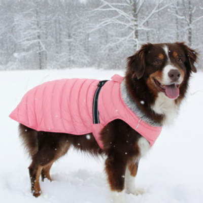 Dog wearing a pink coat standing in the snow with a snowy landscape in the background