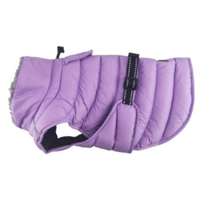 Purple puffer dog coat on a white background