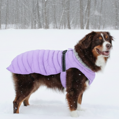 Dog wearing a purple coat standing in the snow with a snowy landscape in the background