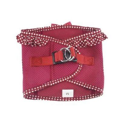 Wine dog harness with white polka dots on a white background