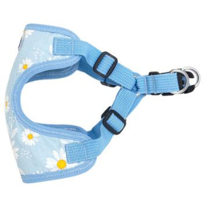 Dog harness with floral pattern on a light blue background