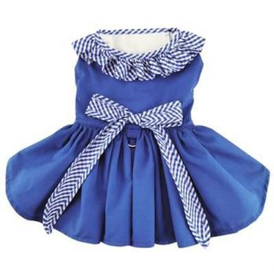 Blue pet dress with a checkered collar and bow on a white background
