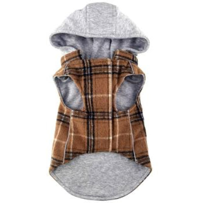 Plaid dog coat with gray hood on a white background