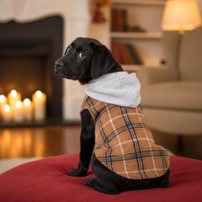 Dog wearing a plaid coat sitting on a red surface with a fireplace and candles in the background.