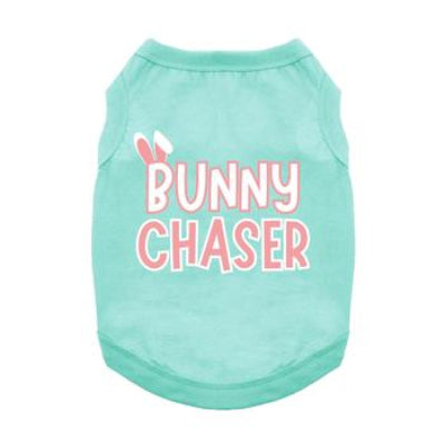 Mint green pet shirt with 'Bunny Chaser' text on a white background