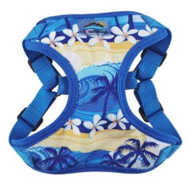 Blue pet harness with tropical design on a white background