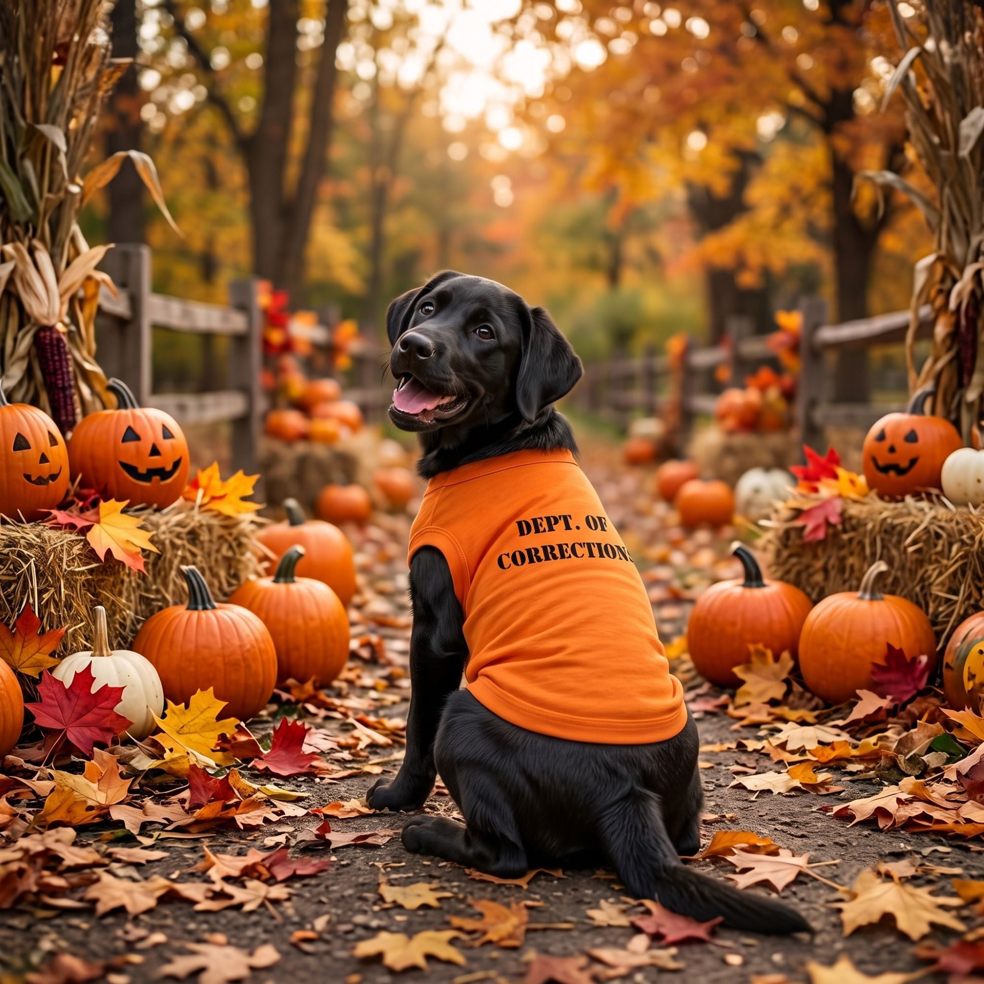 Black Labrador Retriever wearing orange tank top with black text sitting on walkway with leaves and pumpkins in background