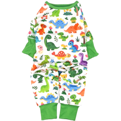 Dog onesie pajama with dinosaur pattern on a white background
