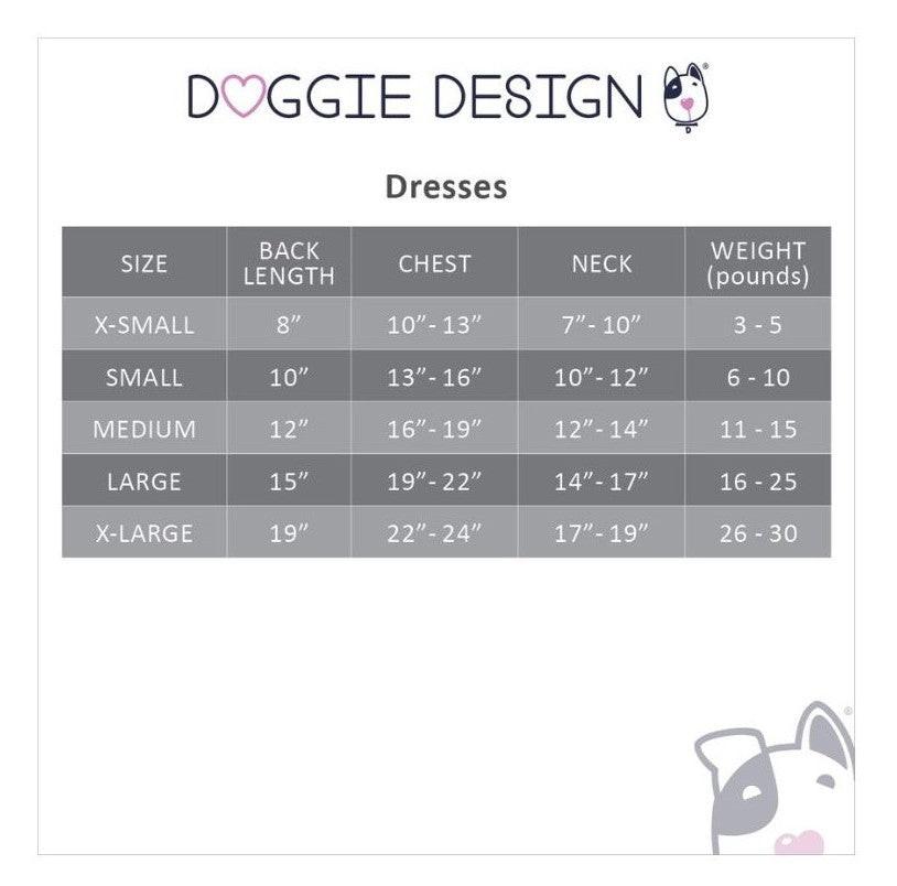 Doggie Design dress size chart on a white background