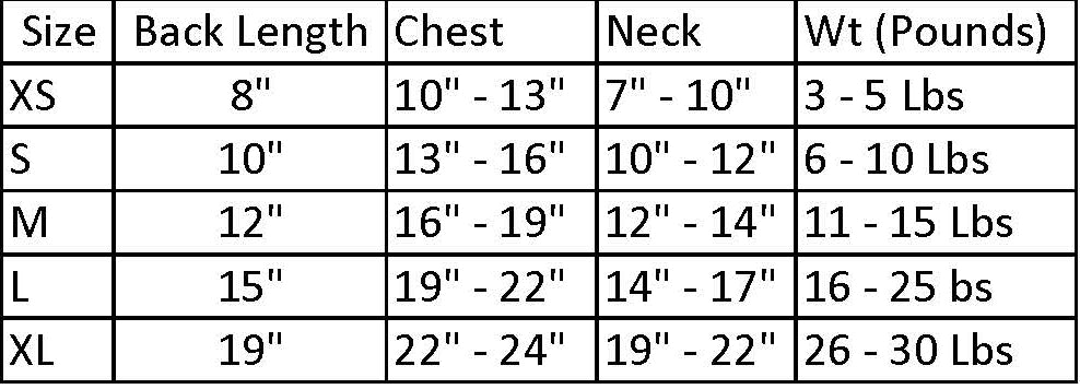 Size chart for clothing with measurements in inches and weight in pounds.