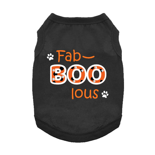 Black dog tank with orange writing and white paw prints on white background