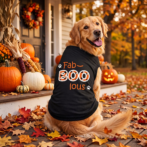 Golden Retriever wearing black tank top with orange text sitting on walkway with leaves with pumpkins and house in background