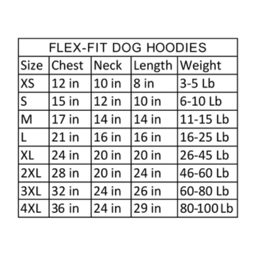 Size chart for Flex-Fit dog hoodies on a white background