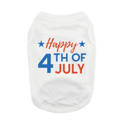 White dog shirt with 'Happy 4th of July' text on a white background
