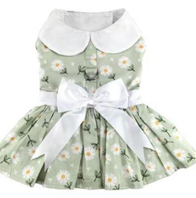Dog dress with daisy pattern and white bow on a white background