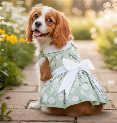 Dog wearing a green floral dress with a white bow in a garden setting