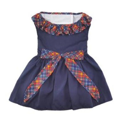 Navy blue dog dress with plaid accents on a white background