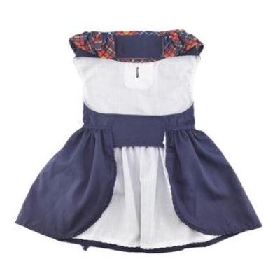 Navy blue and white dog dress with colorful top on a white background