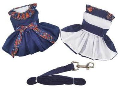Two dog dresses with plaid patterns and a matching leash on a white background