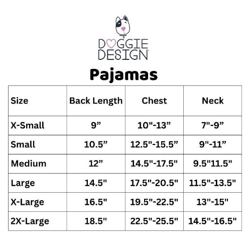 Doggie Design dog pajamas size chart on white background