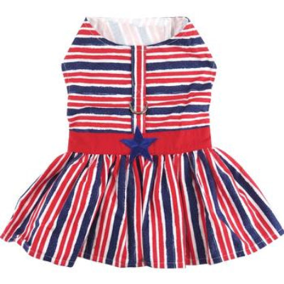 Red, white, and blue striped dress with a star on a white background