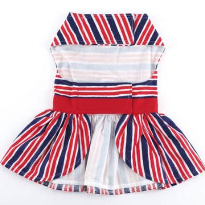Dog dress with red, white, and blue striped pattern on a white background