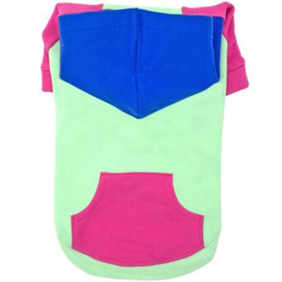 Colorful dog coat with green, blue, and pink design on a white background