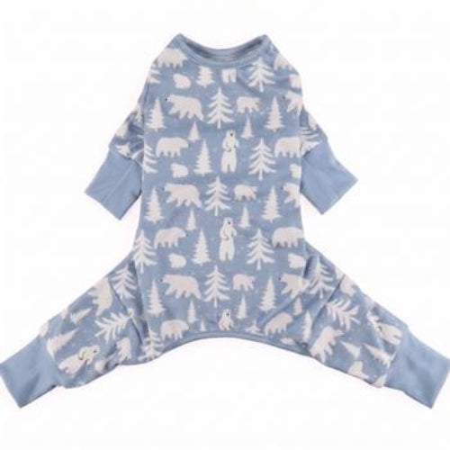 A dog long-sleeve footless pajama in dusty blue with a white polar bear and pine tree pattern, laid flat on a white background.
