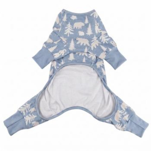 A light blue and white patterned pet pajama with a woodland print of trees, polar bears laid flat on a white background.