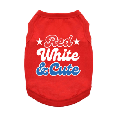 Red pet shirt with 'Red White & Cute' text on a white background