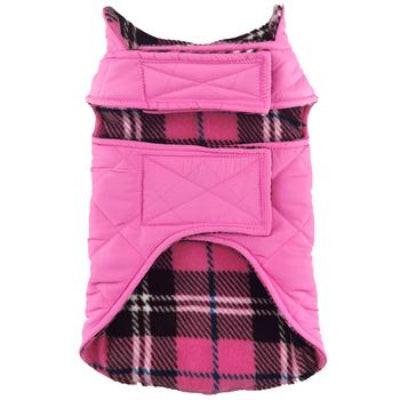 Pink and plaid dog coat on a white background