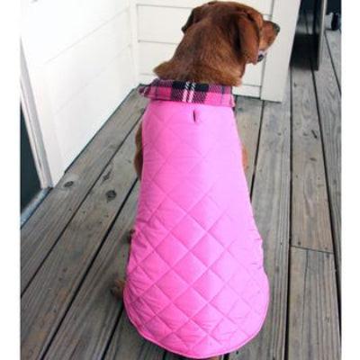 Dog wearing a pink quilted coat on a wooden deck