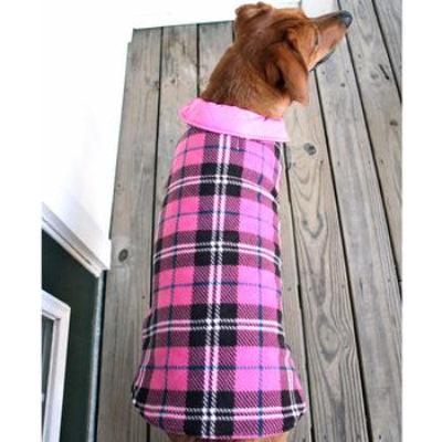 Dog wearing a pink and black plaid coat standing on a wooden deck.
