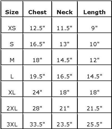 Measurement chart for clothing sizes with chest, neck, and length dimensions.