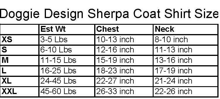 Size chart for Doggie Design Sherpa Coat Shirts with weight, chest, and neck dimensions.