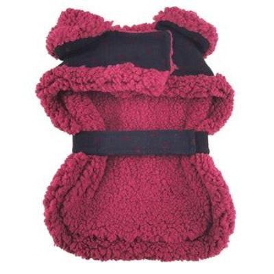 Red fleece dog coat with black belt on a white background