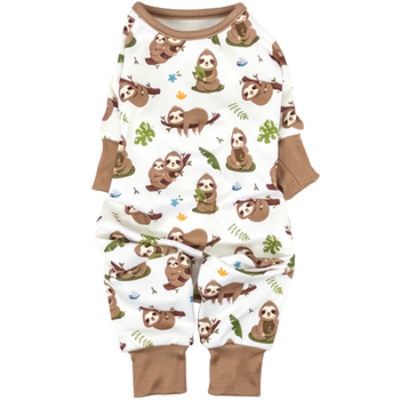 Dog onesie pajamas with sloth pattern on a white background