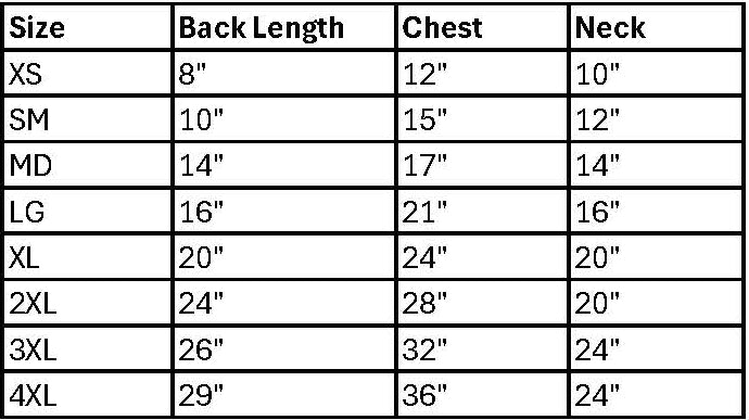 Measurement chart for clothing sizes with back length, chest, and neck dimensions.