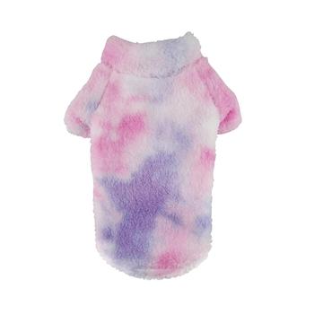 Tie-dye dog sweater in pink and purple on a white background