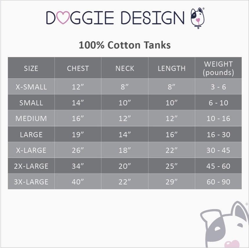 Doggie Design tank top size chart on a white background