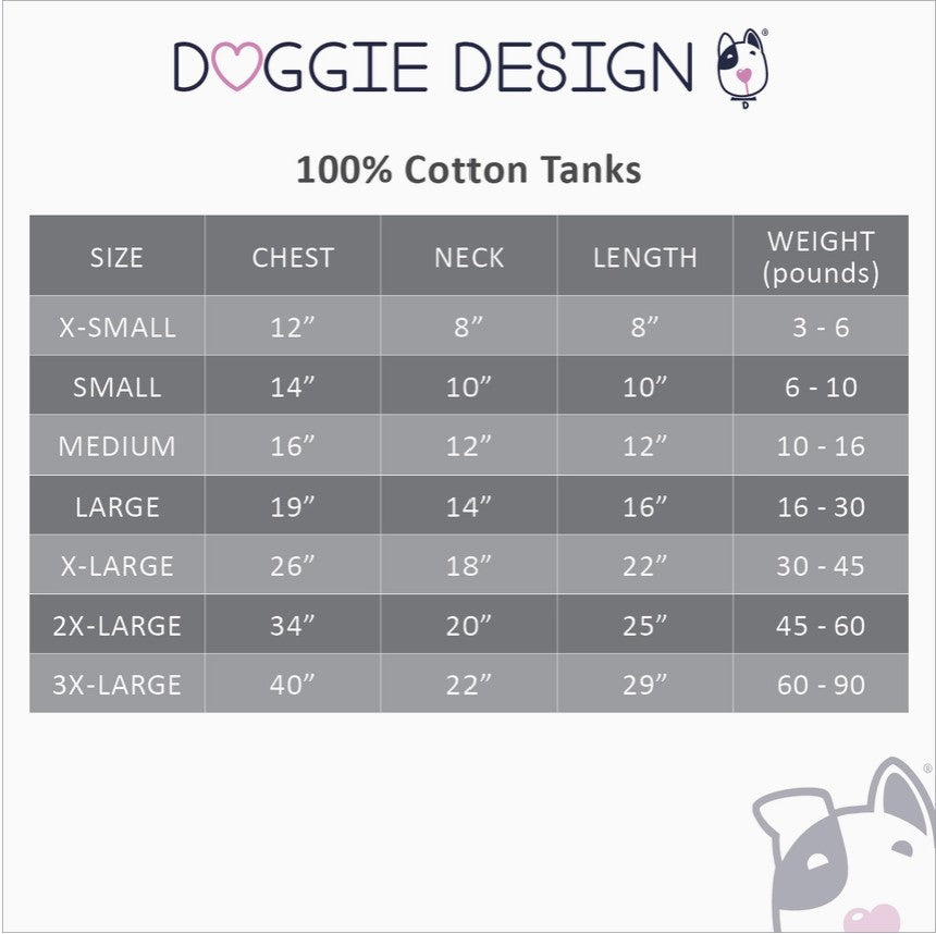 Doggie Design Dog Tank Tops Size Chart on white background
