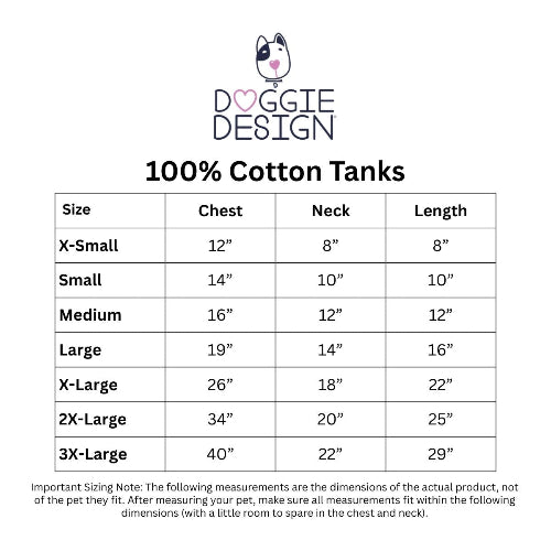Doggie Design 100% Cotton Tanks size chart on a white background