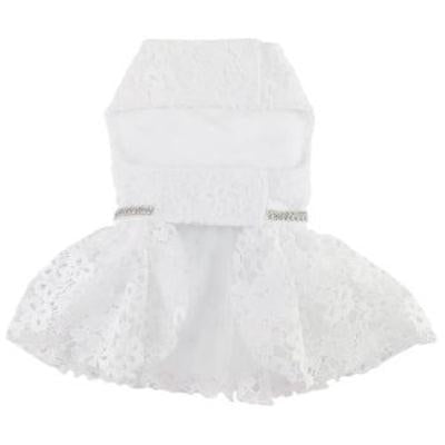 White lace dress with a belt on a white background