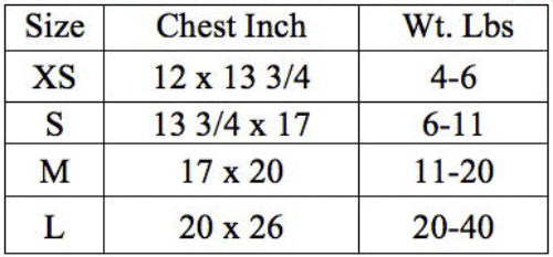 Size chart for wrap and snap dog harnesses with chest and weight measurements