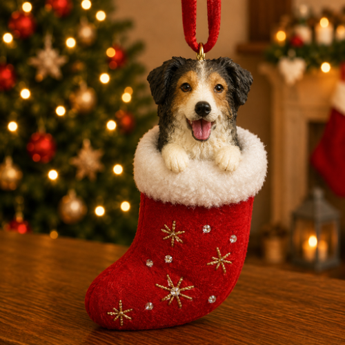 Australian Shepherd in red stocking with white trim with Christmas tree and fireplace in background.